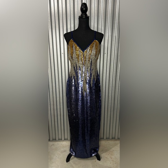 Womens Vintage TAJ Designer Sequin 70s Hand Crafted Blue Gold Strap Dress Medium - Picture 1 of 5